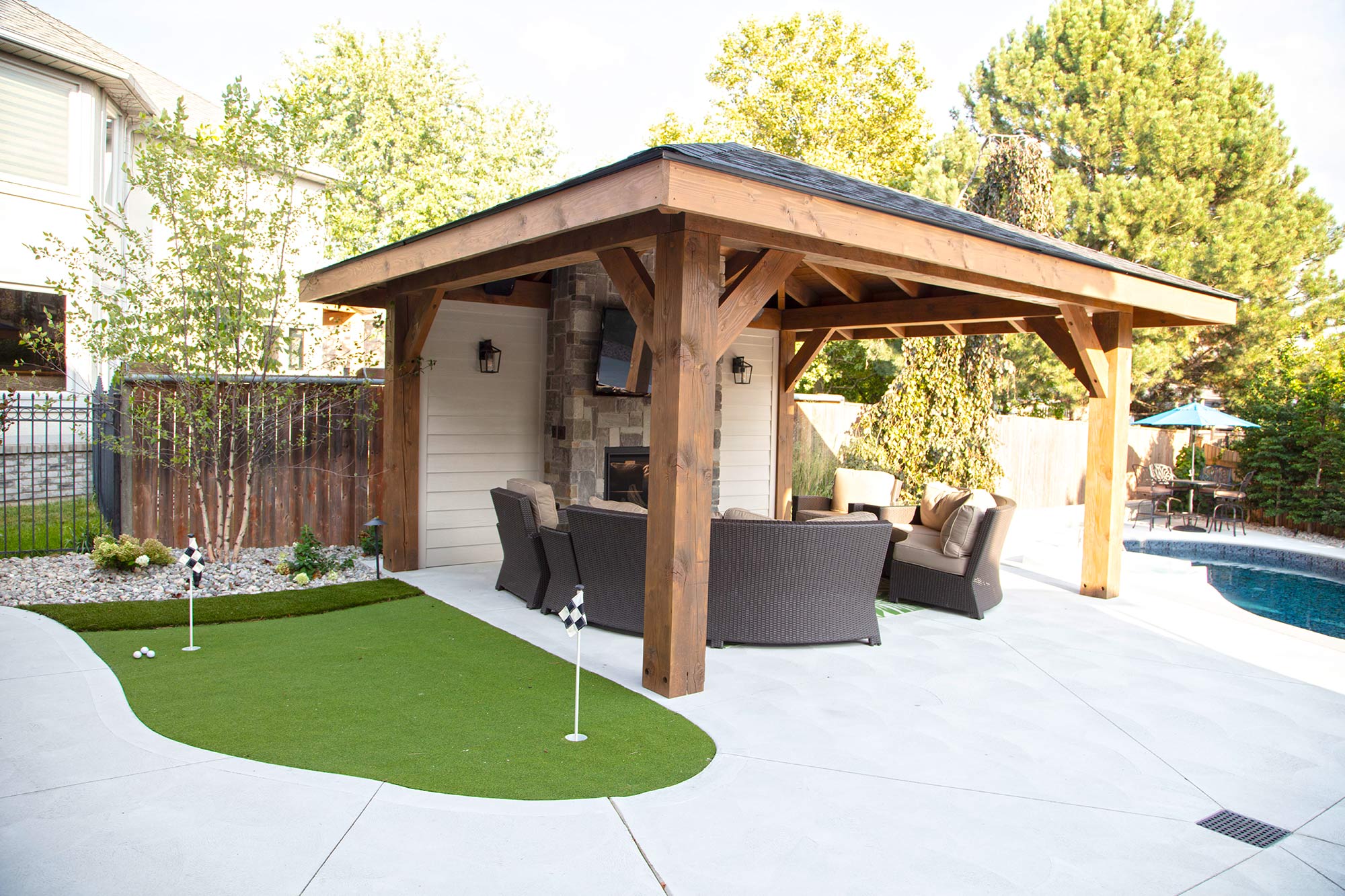 Outdoor gazebo and small golf putting area, alternate angle 2.
